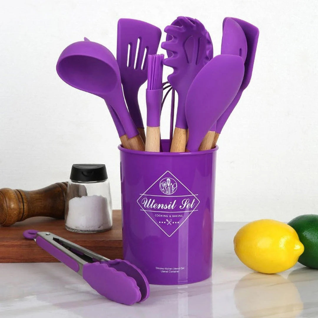 12 Pcs Silicone Kitchen Utensils Set - Heat Resistant & Non-Stick Cooking Utensils with Wooden Handles