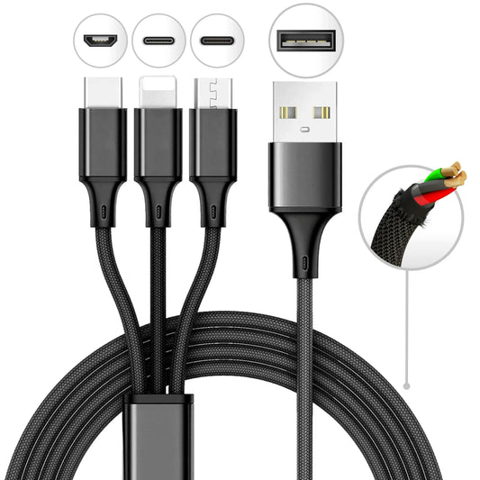 100W 3 in 1 Fast Charging and Data Transfer Cable - USB to Type-C, Micro & Lightning Cable