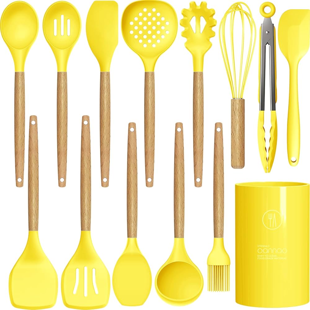 12 Pcs Silicone Kitchen Utensils Set - Heat Resistant & Non-Stick Cooking Utensils with Wooden Handles