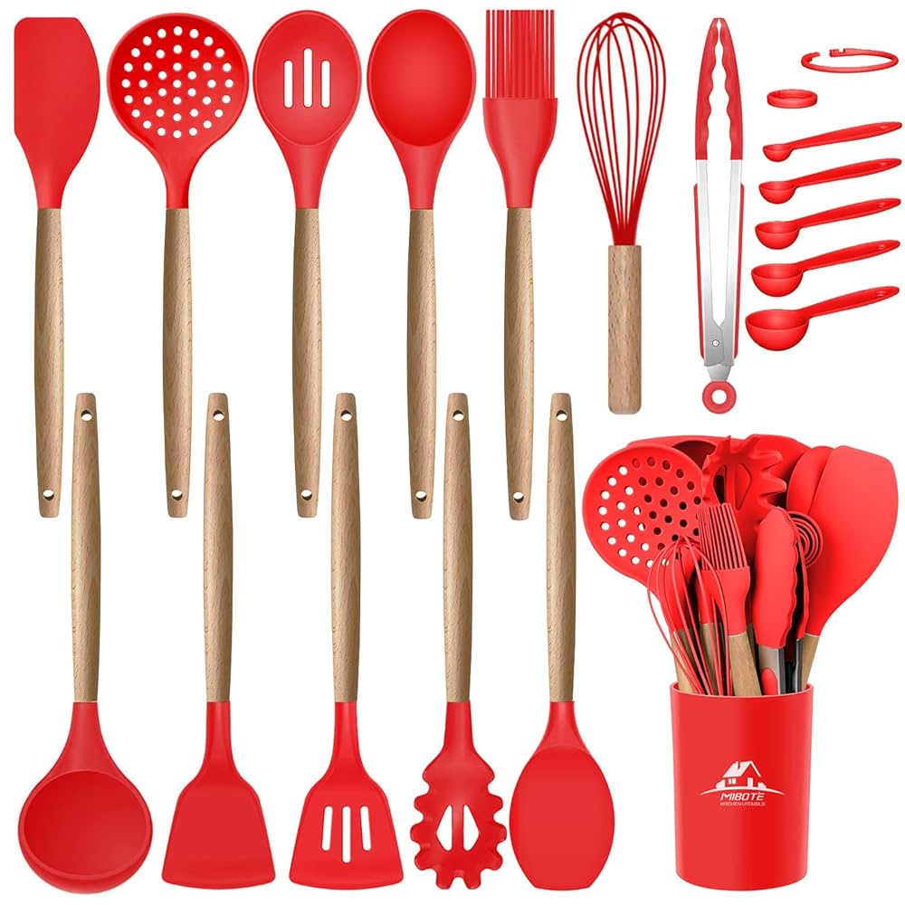 12 Pcs Silicone Kitchen Utensils Set - Heat Resistant & Non-Stick Cooking Utensils with Wooden Handles