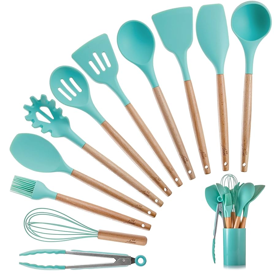 12 Pcs Silicone Kitchen Utensils Set - Heat Resistant & Non-Stick Cooking Utensils with Wooden Handles