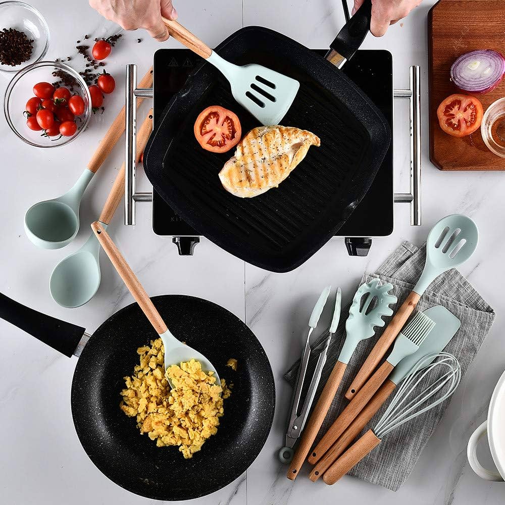 12Pcs Silicone Kitchen Utensil Set Heat Resistant Non-Stick Cooking Utensils with Wooden Handles for Commercial Restaurant and Home