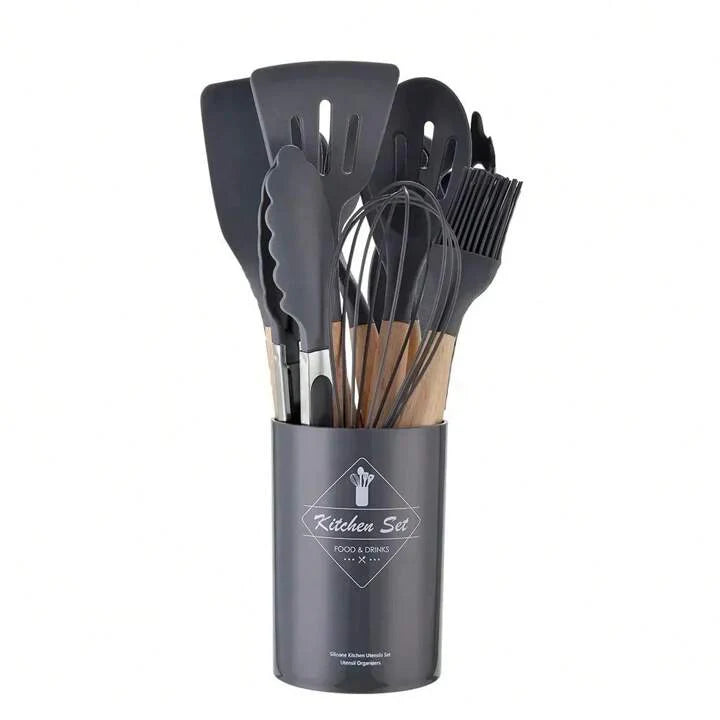 12Pcs Silicone Kitchen Utensil Set Heat Resistant Non-Stick Cooking Utensils with Wooden Handles for Commercial Restaurant and Home