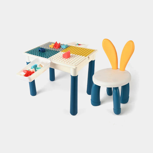 Children's building block table with colorful surface and a chair with bunny ears