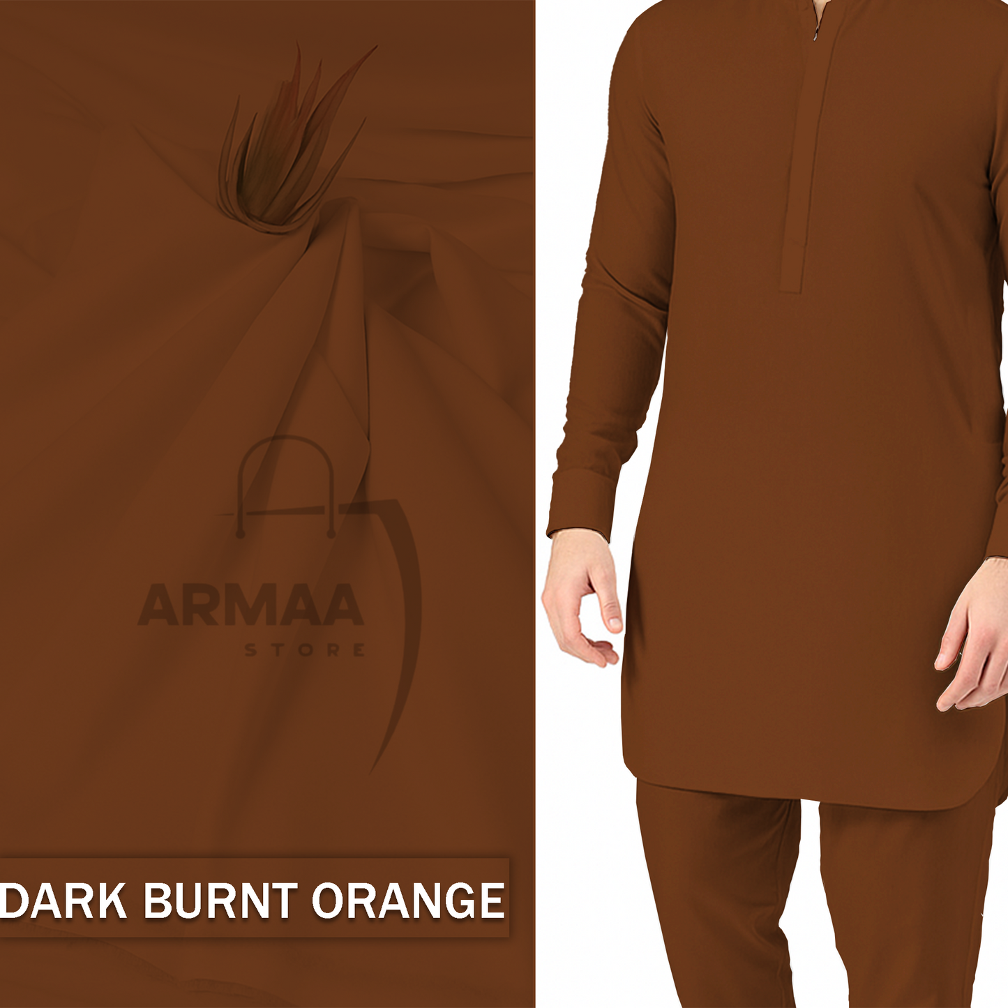 Brown kurta set with 'ARMAA STORE' logo on fabric swatch, labeled 'Dark Burnt Orange'.