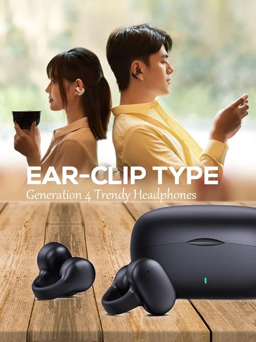 Ear-clip type trendy headphones with a couple in the background