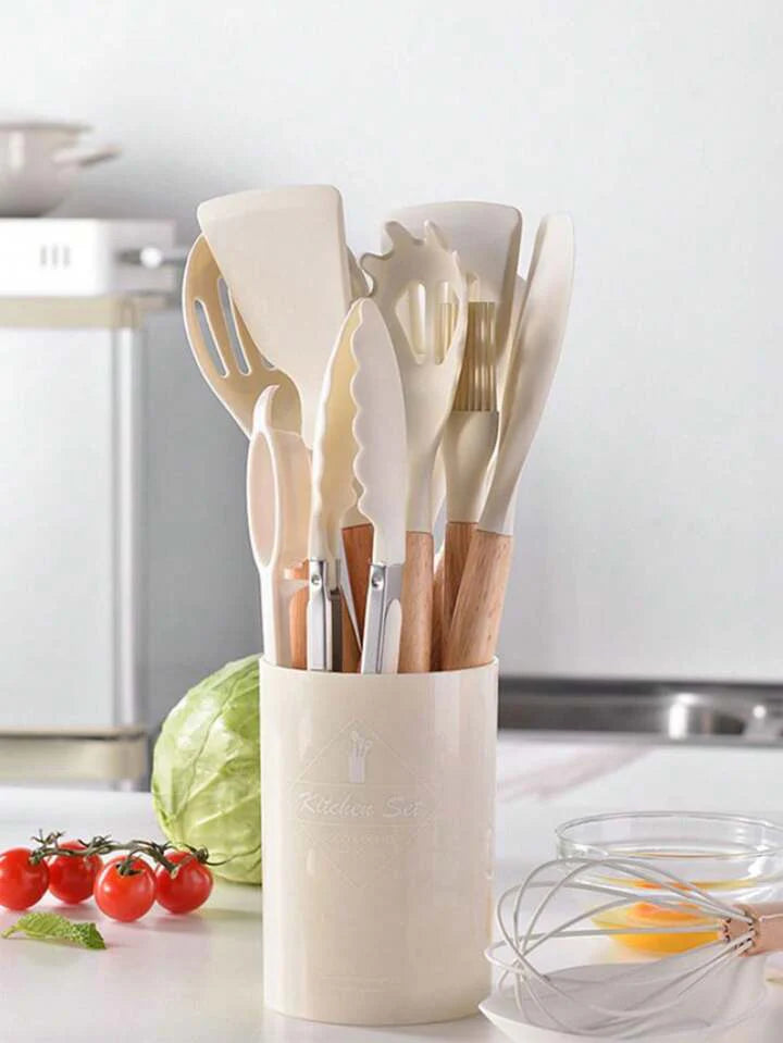 12Pcs Silicone Kitchen Utensil Set Heat Resistant Non-Stick Cooking Utensils with Wooden Handles for Commercial Restaurant and Home