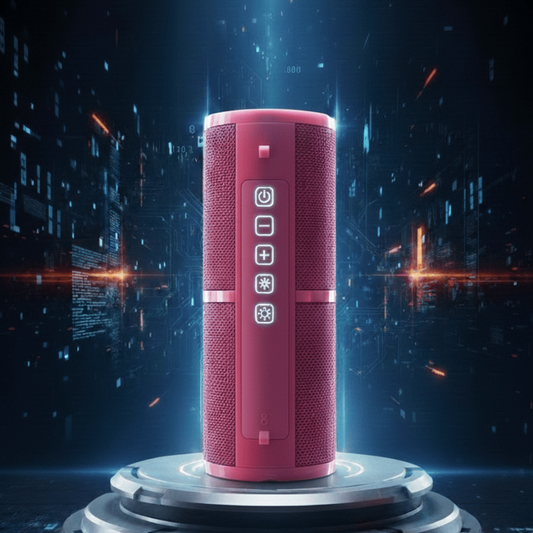 Red cylindrical speaker with control buttons on a dark background with digital elements