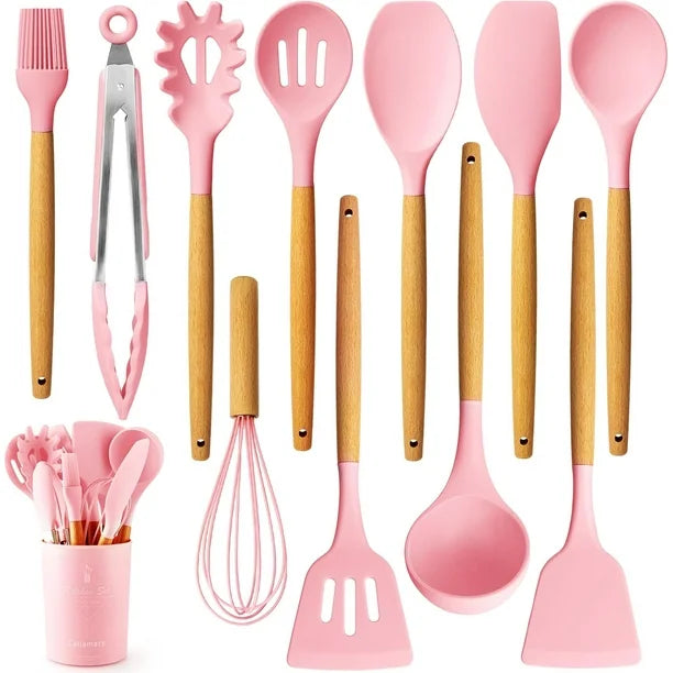 12 Pcs Silicone Kitchen Utensils Set - Heat Resistant & Non-Stick Cooking Utensils with Wooden Handles