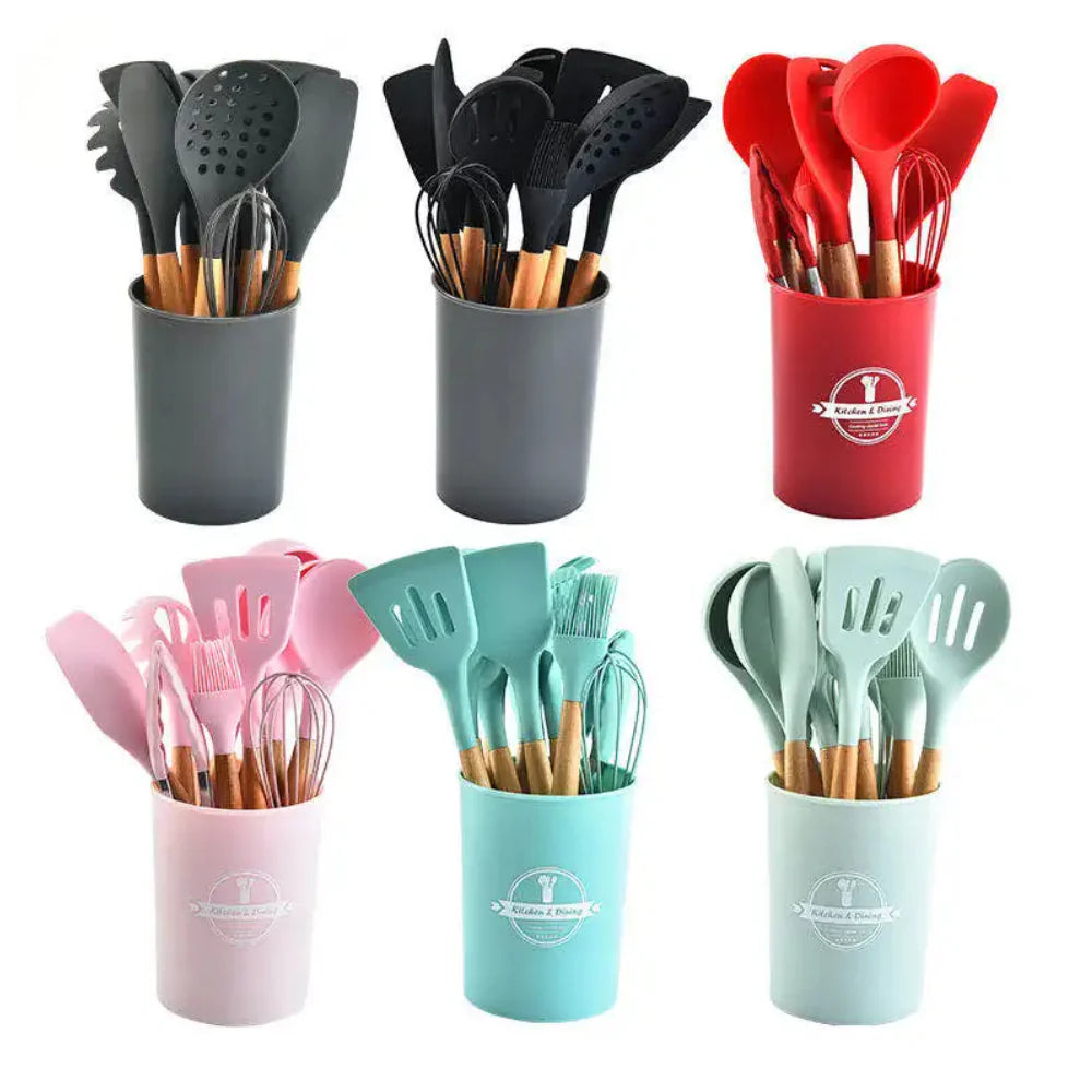 12 Pcs Silicone Kitchen Utensils Set - Heat Resistant & Non-Stick Cooking Utensils with Wooden Handles