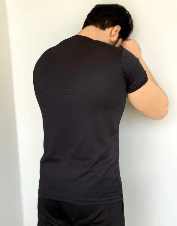 SMOOTH FLEX T-SHIRT WITH UNIQUE HALF SLEEVES DESIGN - BLACK