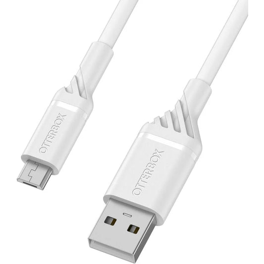 White USB cable with micro USB connector on a white background, featuring the OtterBox brand.
