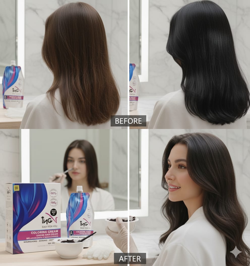 INGV Hair Coloring Cream Natural Black 1000ml (500+500) - Long Lasting Hair Dye