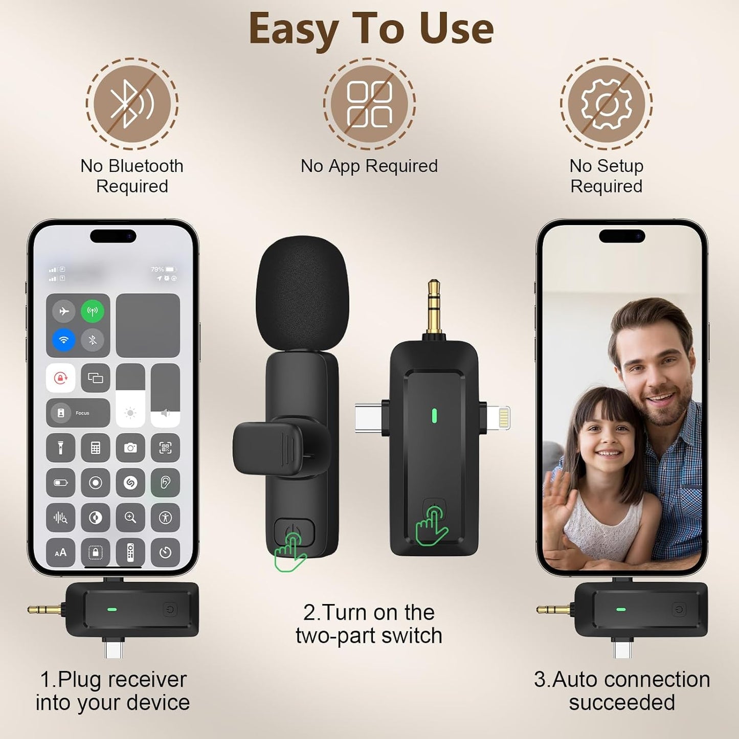 Wireless Microphone for iPhone & Android - Professional Dual Lapel Mic with USB-C/3.5mm/USB Plug for Video Recording, Vlog, YouTube, TikTok