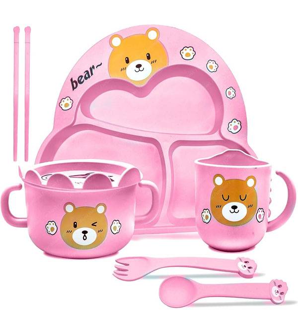 HEYCANDY Bamboo Baby Tableware Set, Animal Shaped Bamboo Fiber Dinner Set for Weaning Toddlers