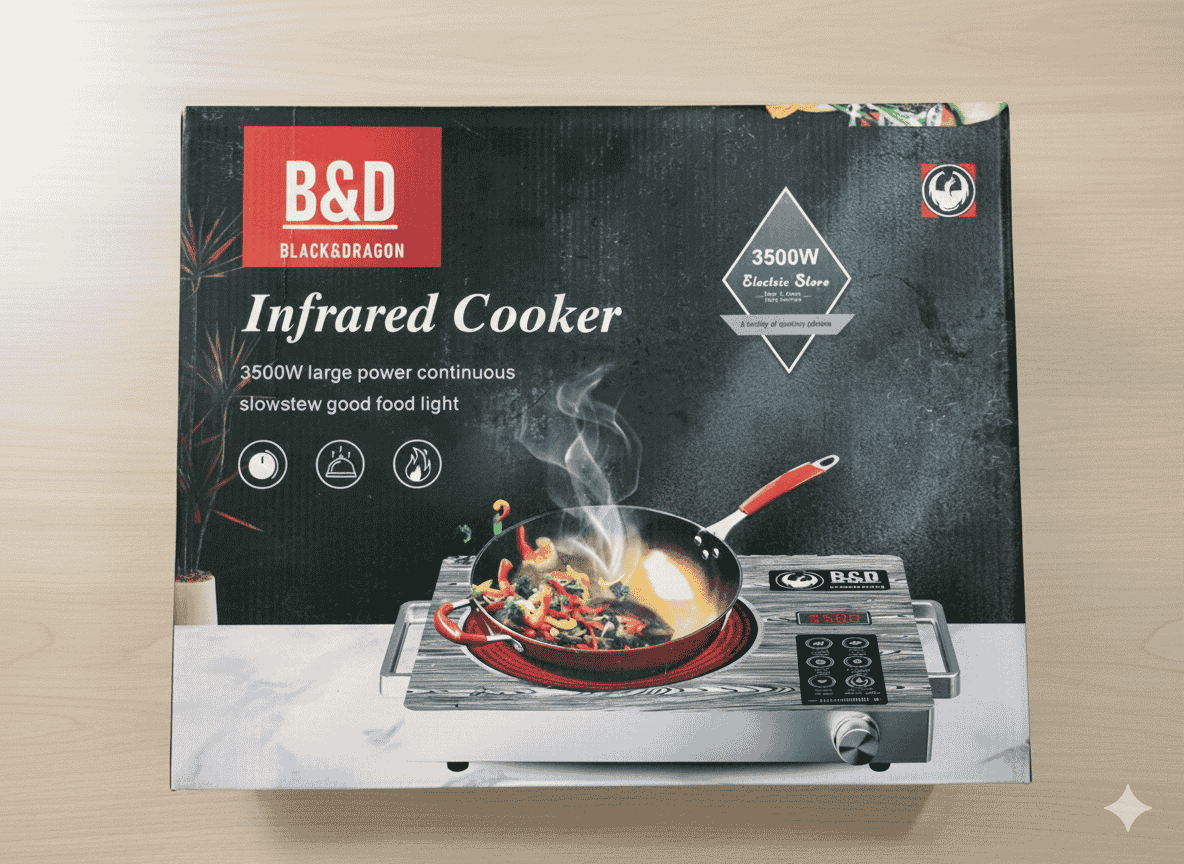 B&D Infrared Cooker packaging with a frying pan on a stove