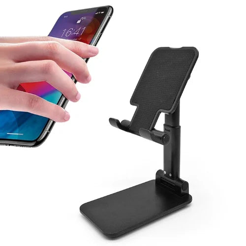 Black adjustable phone stand with a smartphone on a white background