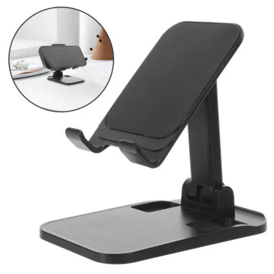 Black adjustable phone stand with inset showing use on desk