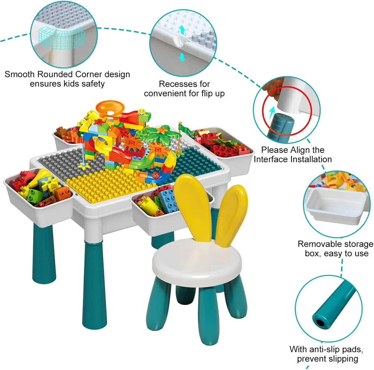 Children's play table with chairs, colorful building blocks, and features highlighted