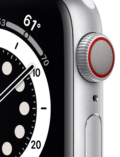 Close-up of a smartwatch with a black dial and silver case.