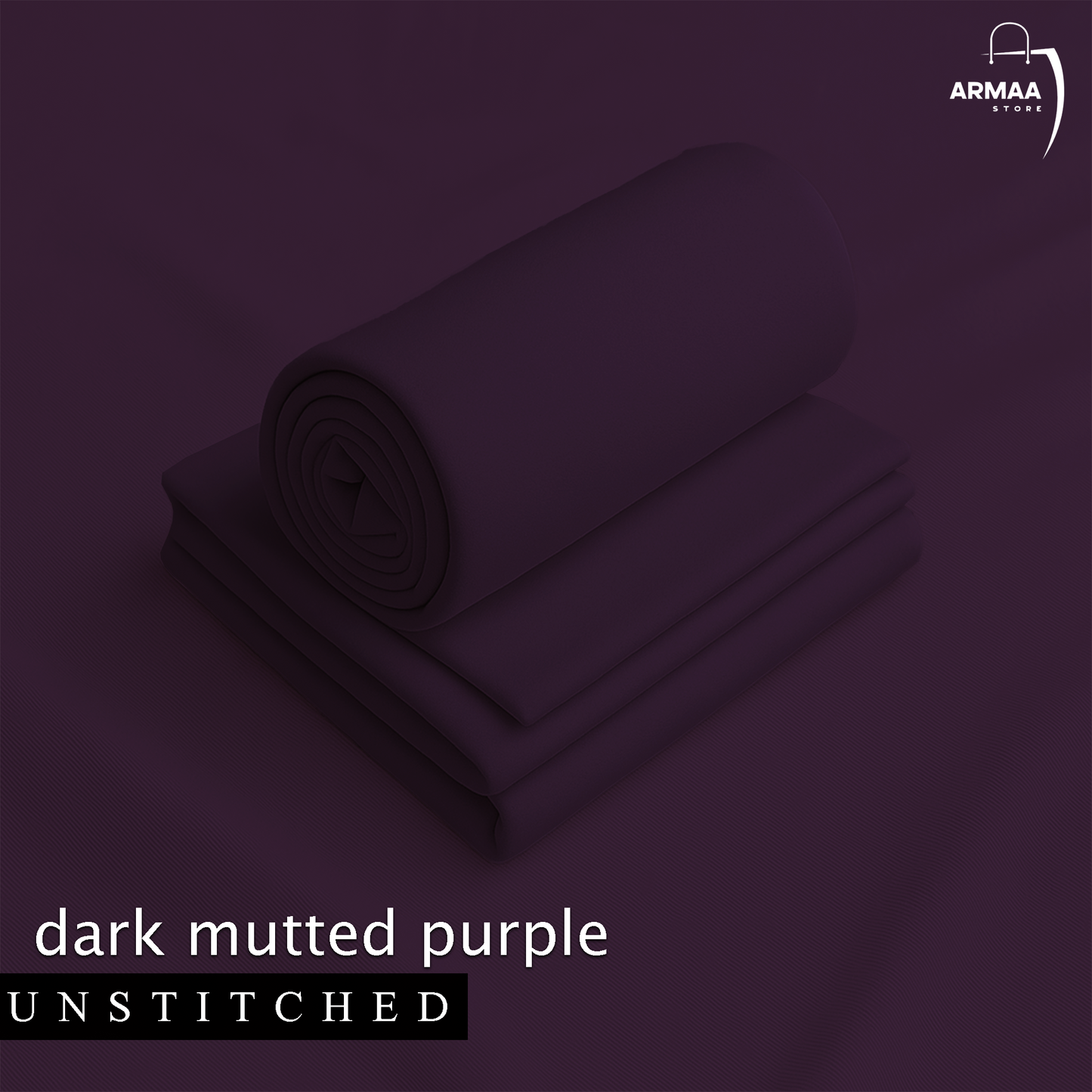 Dark mutted purple fabric roll on a matching background with 'ARMAA' brand logo.
