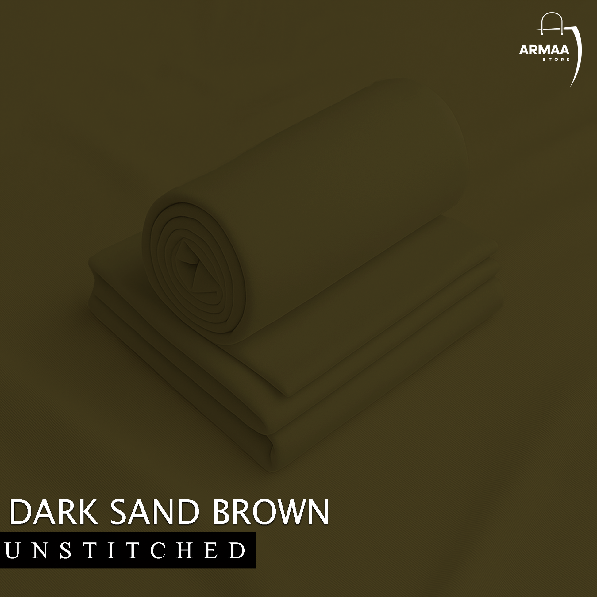 Rolled-up dark sand brown fabric with 'ARMAA' brand logo on a matching background.