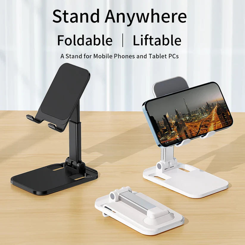 Foldable and liftable phone stand on a wooden surface with text 'Stand Anywhere Foldable | Liftable'.