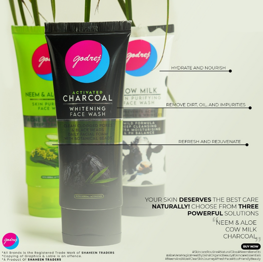 Godrej Activated Charcoal Whitening Face Wash with product packaging and branding details.