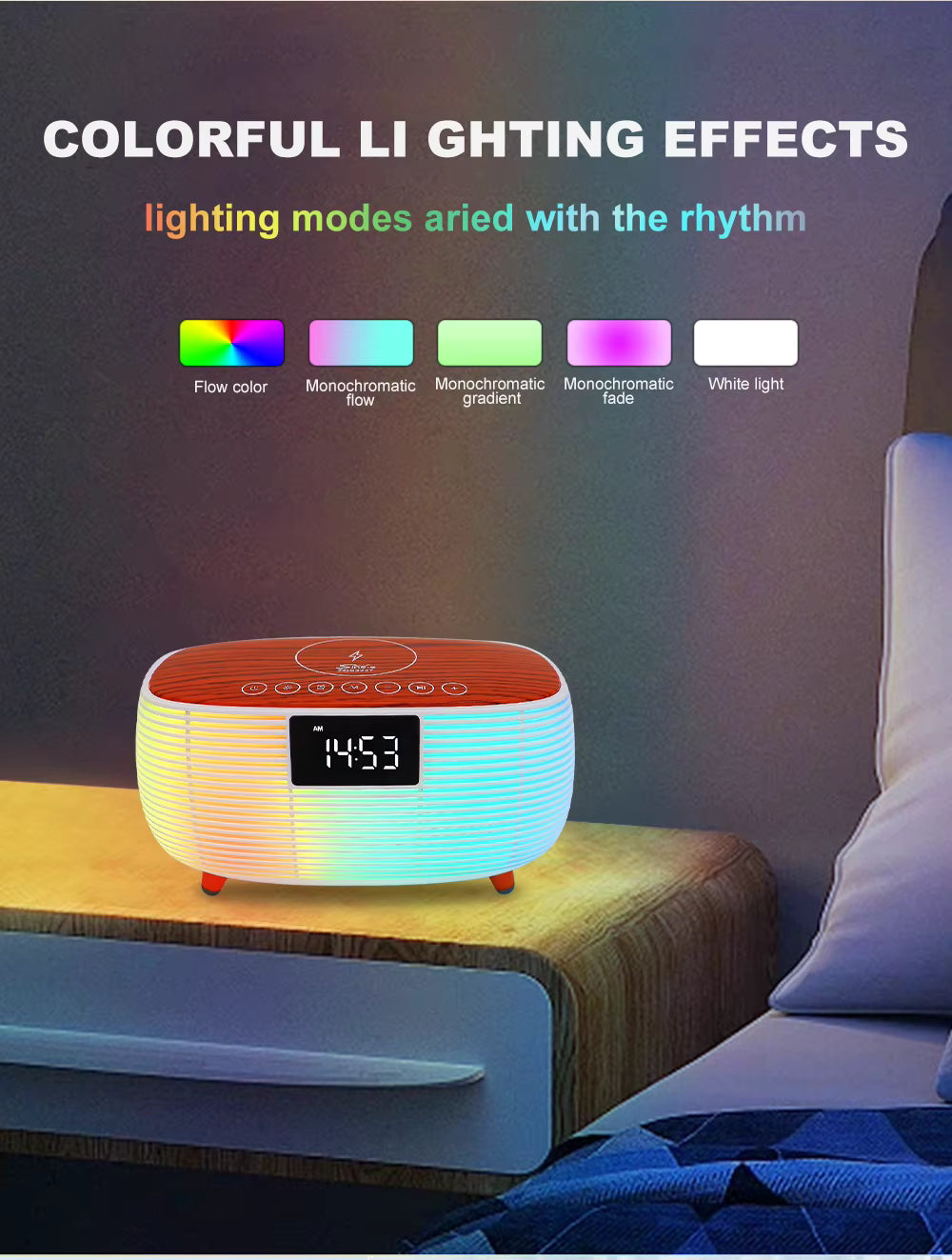 SING-E ZQS2227 Mobile Phone Wireless Charging RGB Clock Display Loud Sound RGB Lighting BT AUX DC Speakers