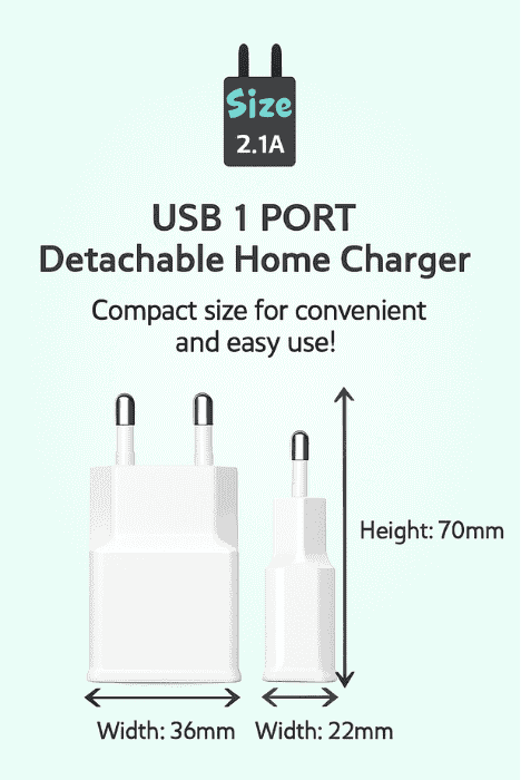 USB 1 PORT Detachable Home Charger with dimensions and power rating on a light green background