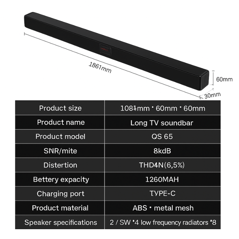 Long TV soundbar with dimensions and specifications on a white background
