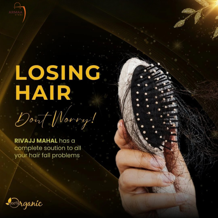 Hand holding a hairbrush with falling hair, text about hair care solution on a dark background - armaa store