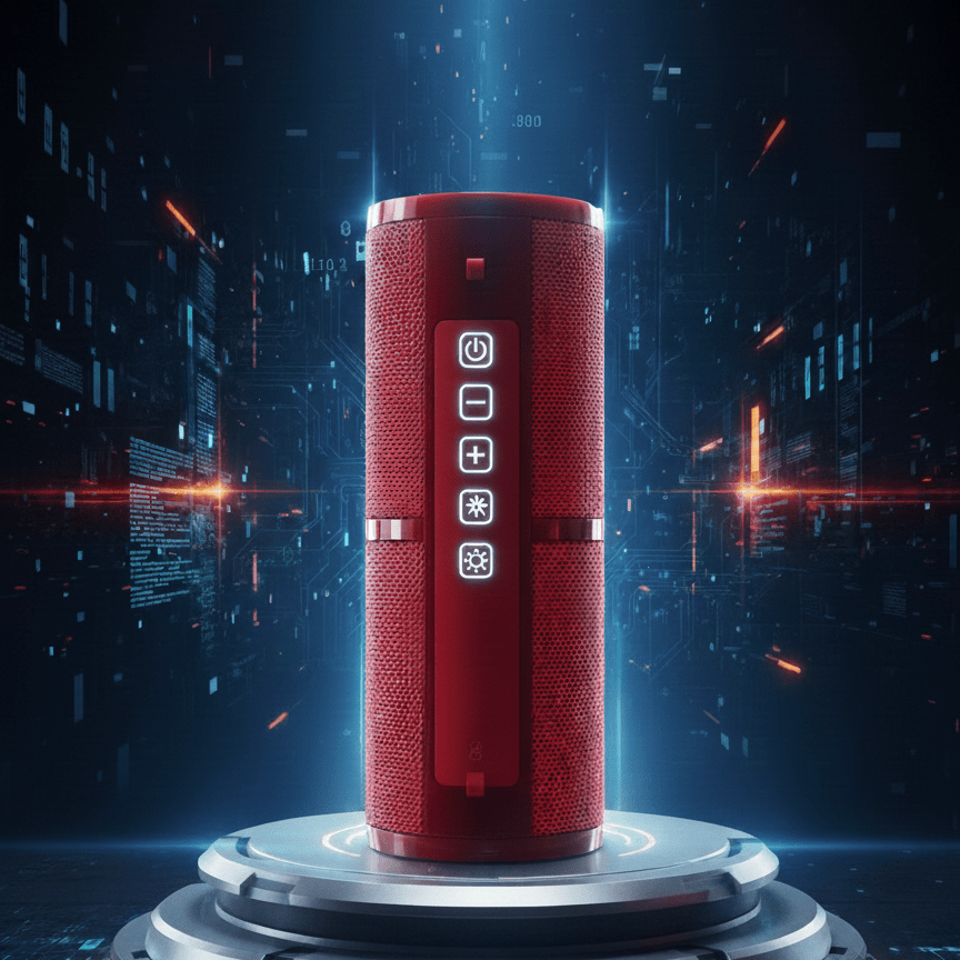 Red cylindrical speaker with control buttons on a dark background with digital elements