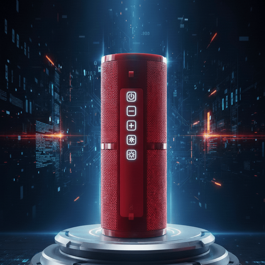 Red cylindrical speaker with control buttons on a dark background with digital elements