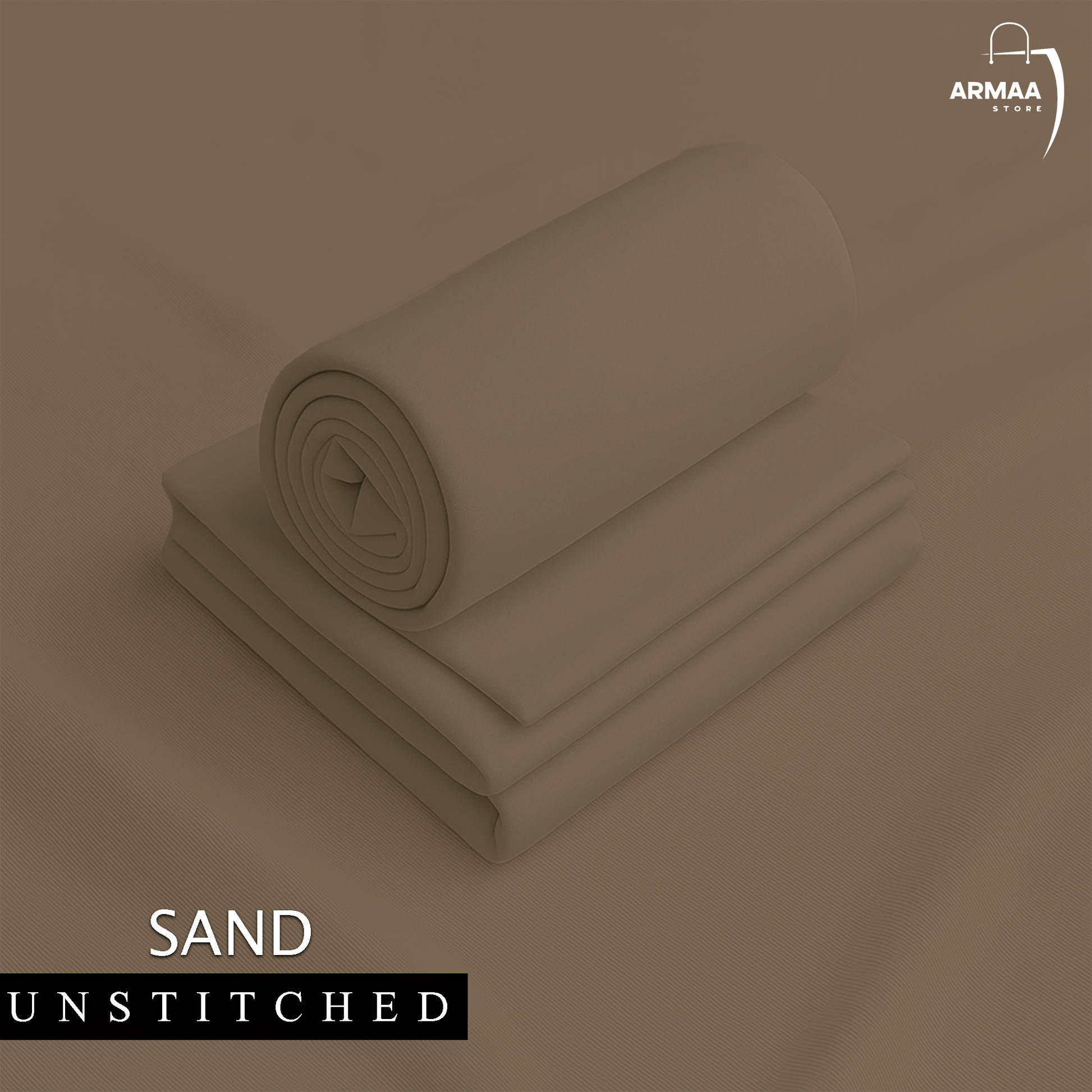 Folded sand-colored fabric with 'ARMAA' brand logo on a matching background
