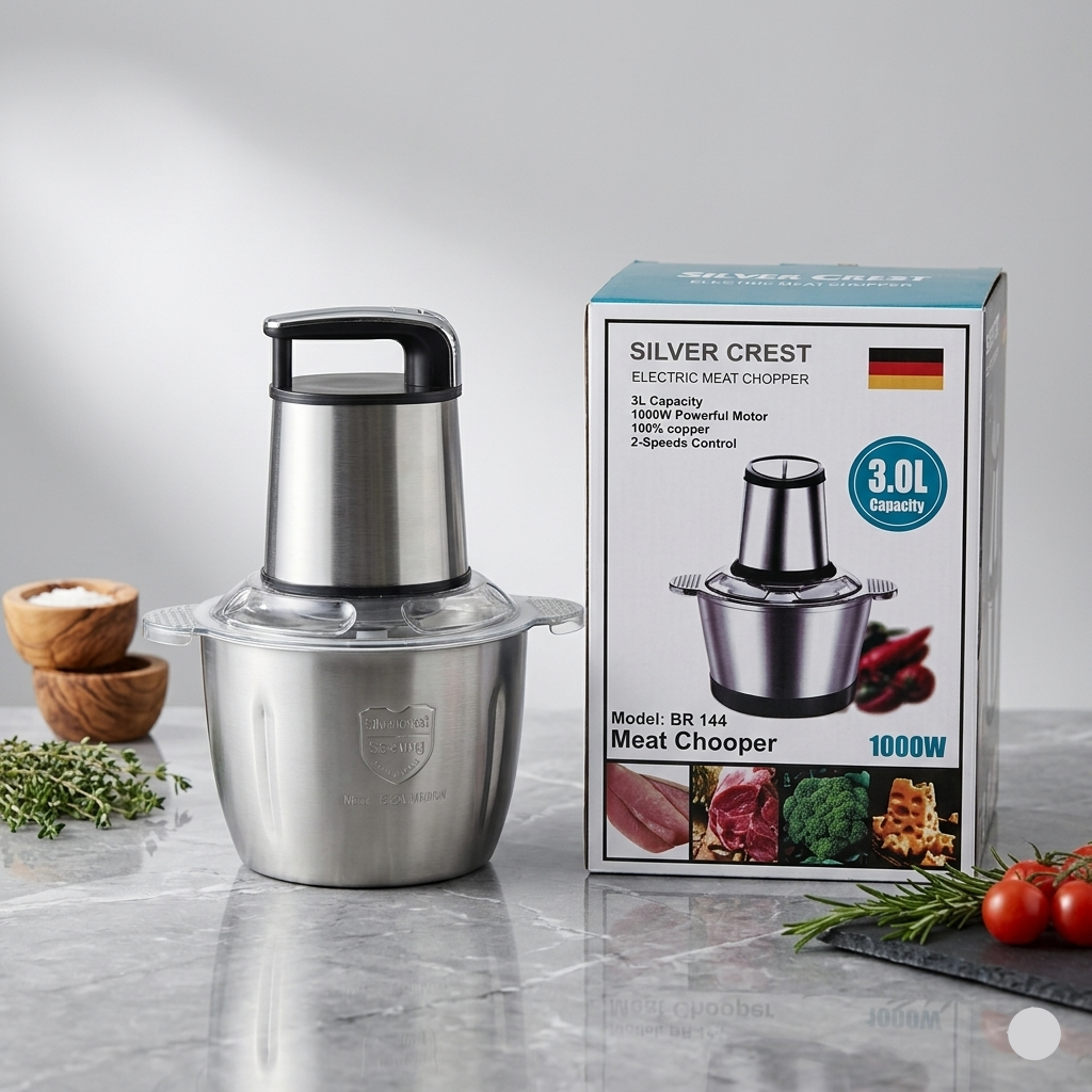 Silver Crest electric meat chopper with packaging on a marble surface