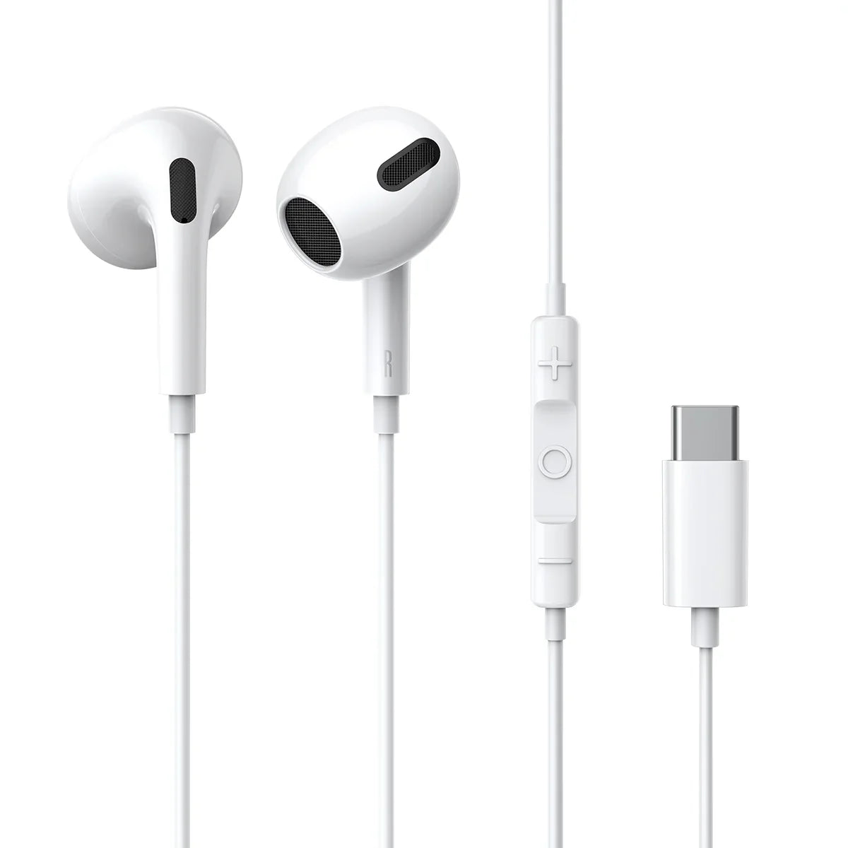 White earphones with USB-C connector on a white background