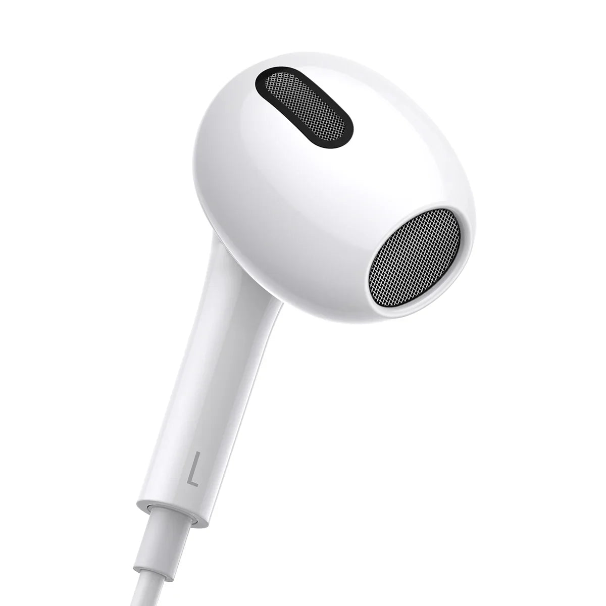 White earphones with a black control on a white background