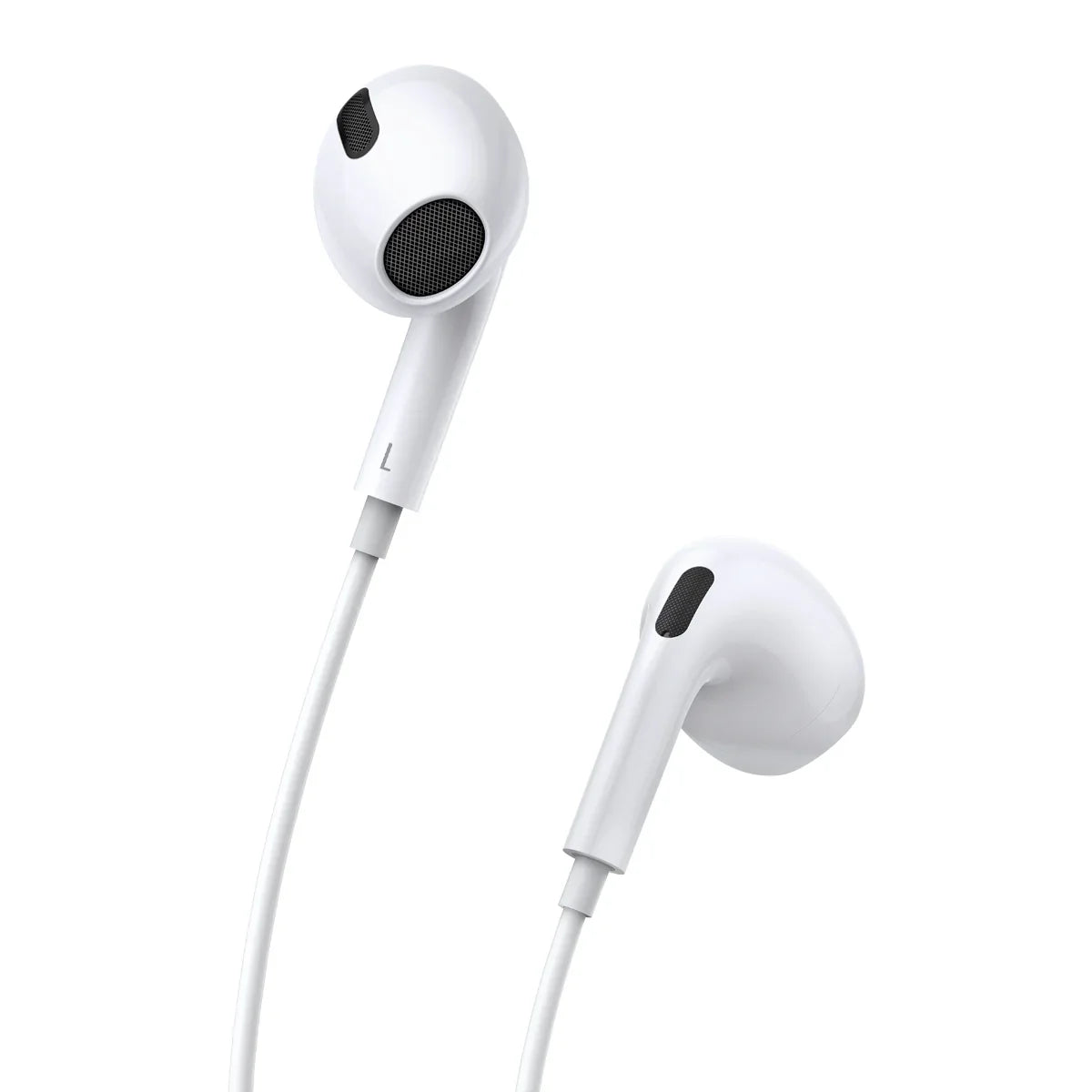 White earphones with a black speaker grille on a white background