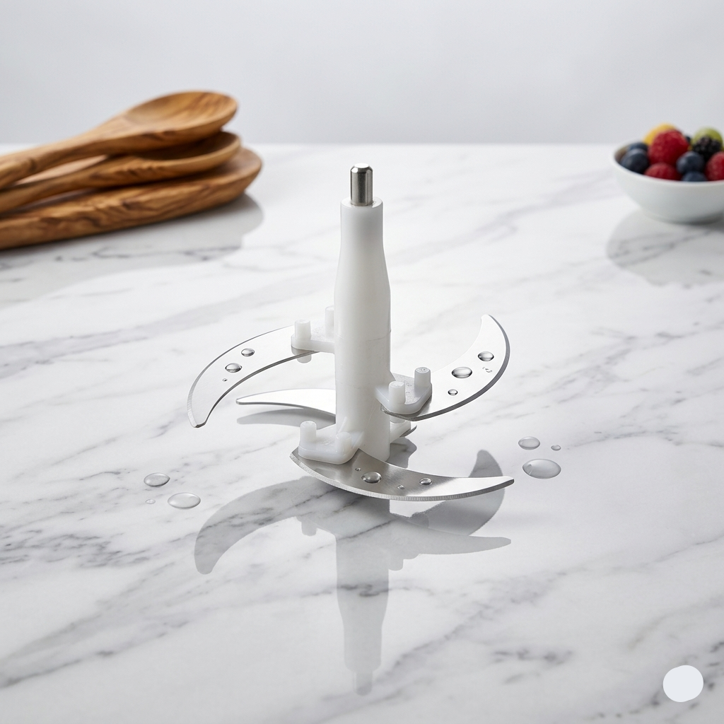 White kitchen tool on a marble surface with wooden utensils and berries in the background