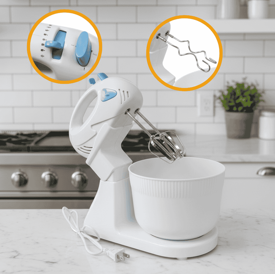 White stand mixer with attachments on a kitchen counter