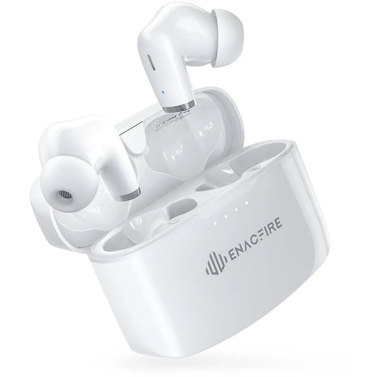 White wireless earbuds with charging case on a white background, featuring the ENACFIRE brand.