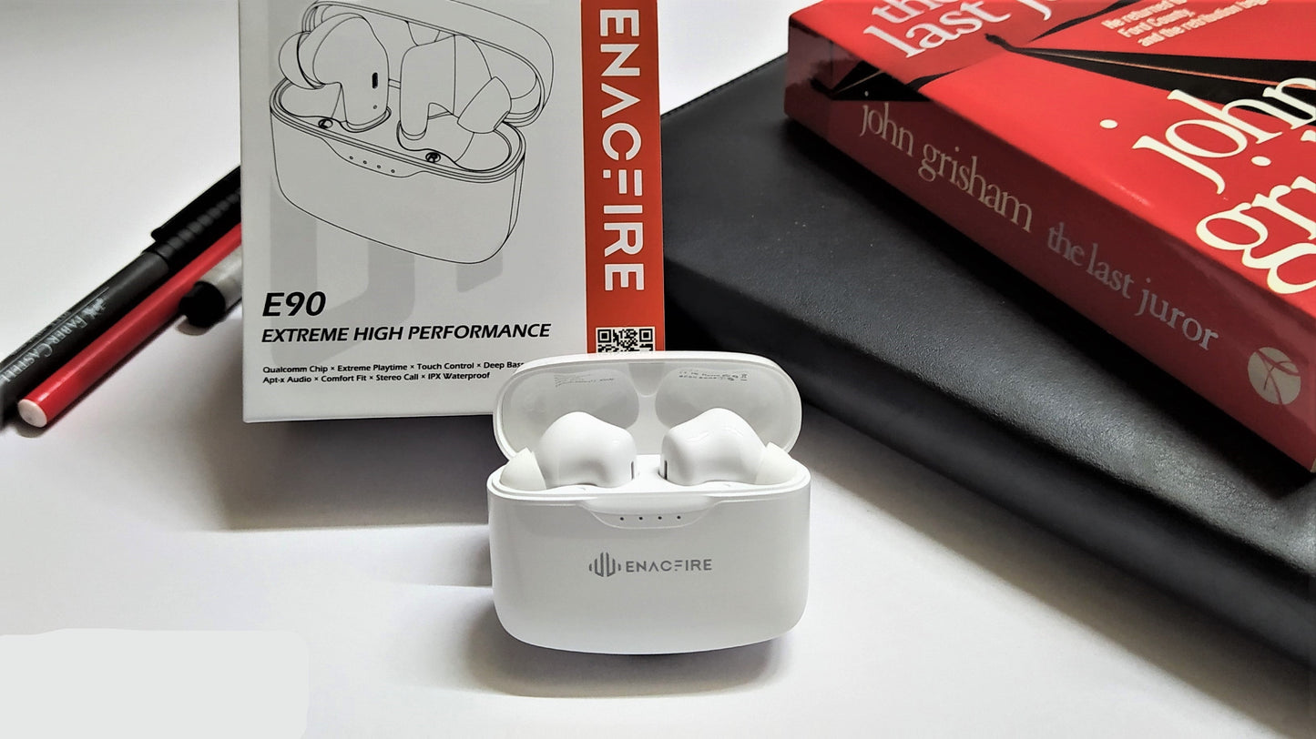 White wireless earbuds in a charging case with a Neowin logo in the corner.