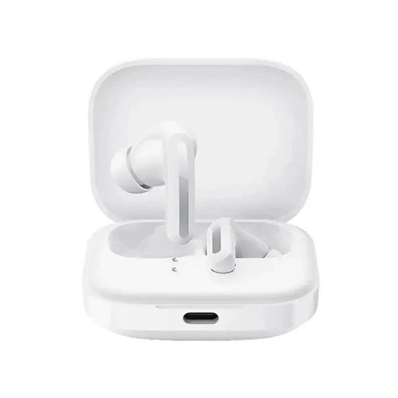 White wireless earbuds with charging case on a white background