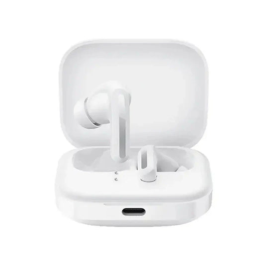 White wireless earbuds with charging case on a white background