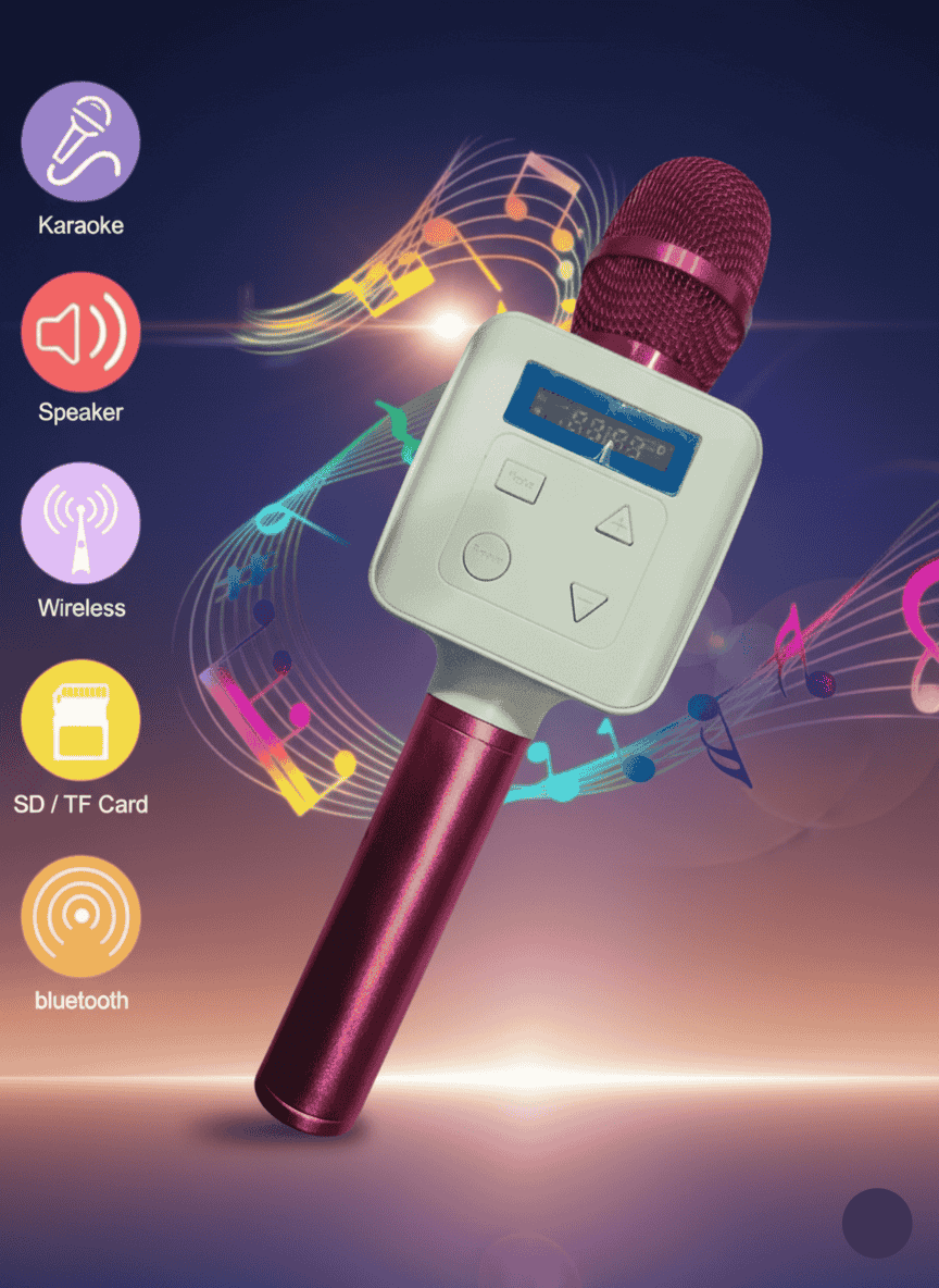 Wireless microphone with digital display on a colorful background with music notes and icons.