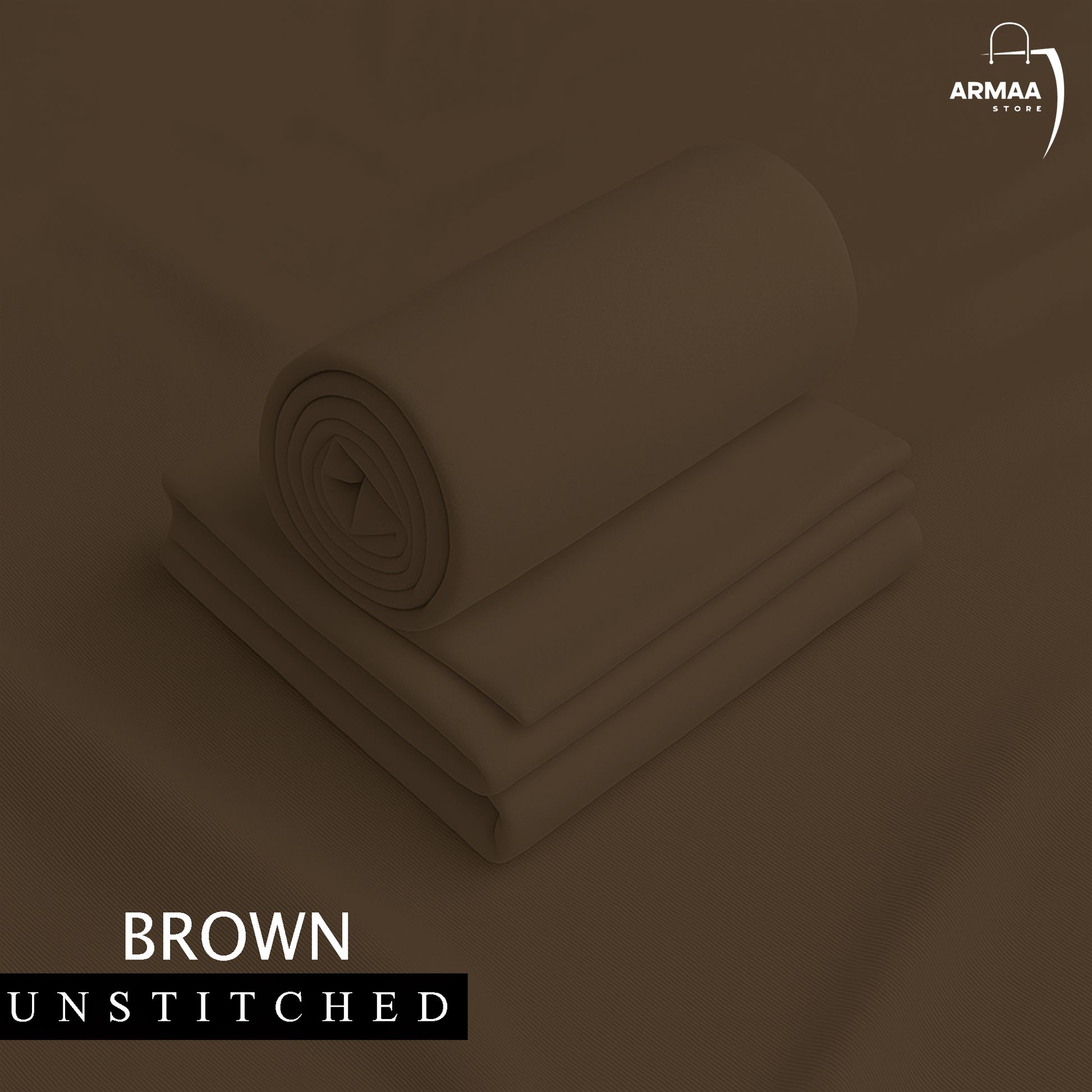Brown unstitched fabric with 'ARMAA' brand logo on a dark brown background