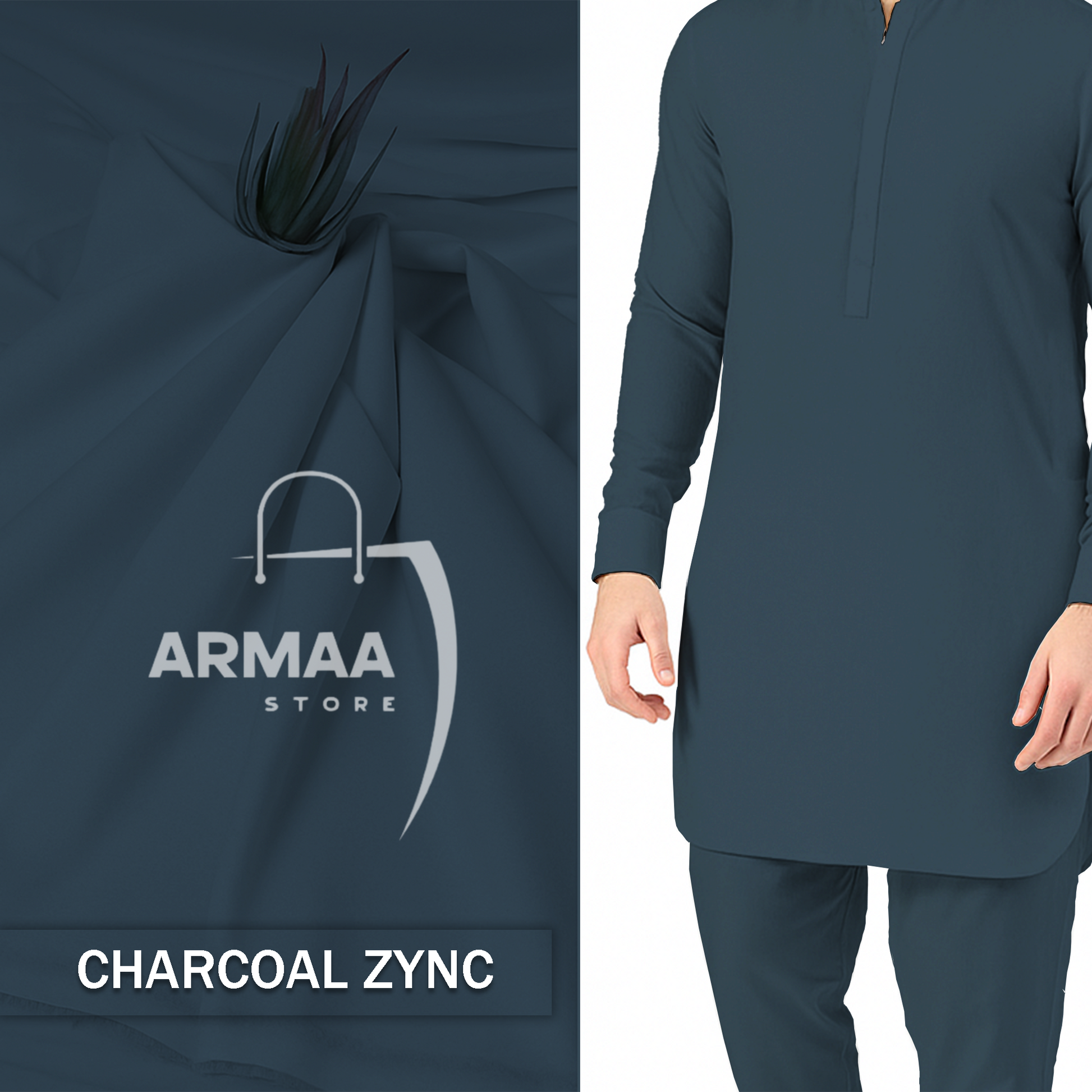 Navy kurta with pants displayed on a white background, featuring the Armaa Store logo.