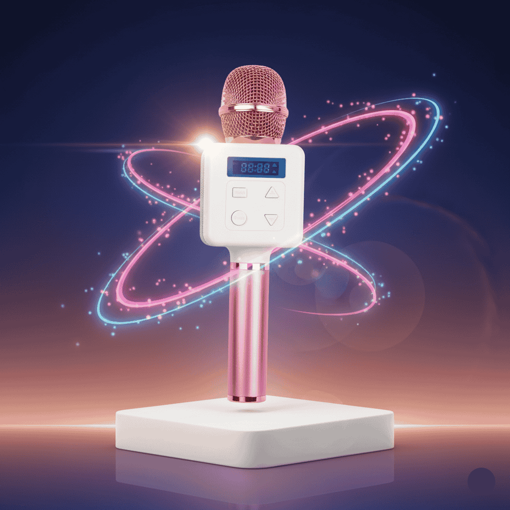 Microphone with digital display on a reflective surface against a dark background