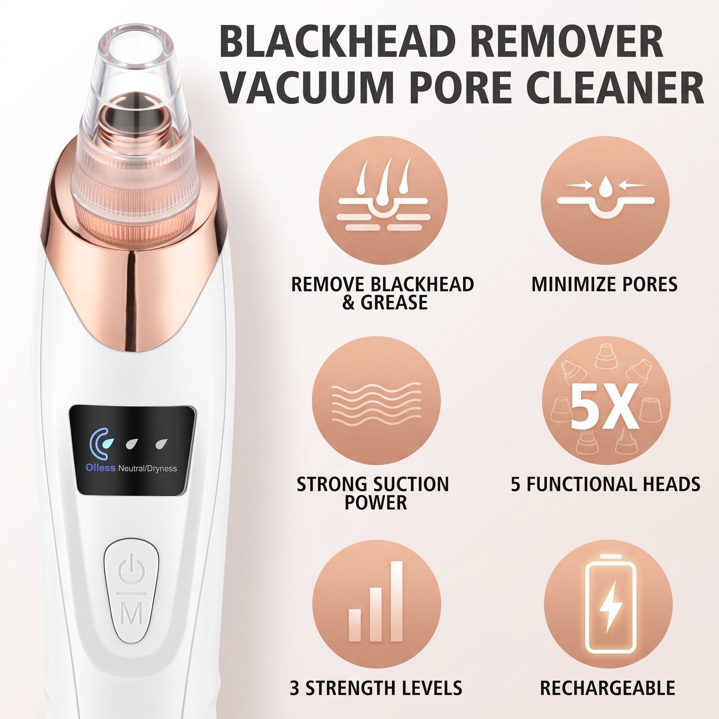Rechargeable Blackhead Remover Vacuum – 5-Level Pore Cleaner with 4 Suction Heads - Armaa Store Pk